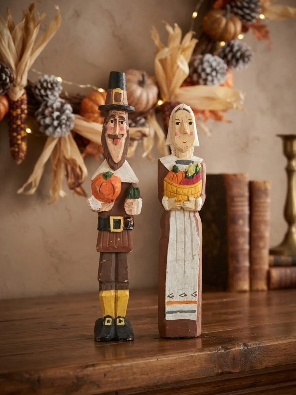 Vintage 1984 Handcarved Wooden Pilgrim Man & Woman Thanksgiving Folk Art Figures